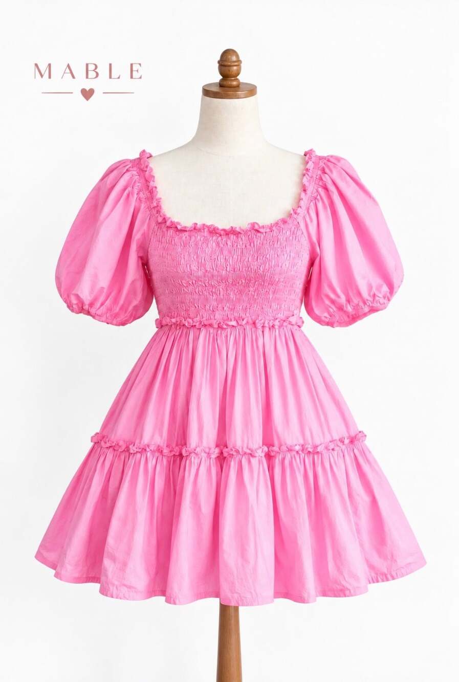 MABLE Pink Smocked Puff Sleeve Tiered Mini Dress Size Large